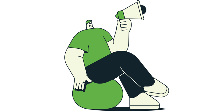 green graphic drawing man sitting on ball talking in megaphone