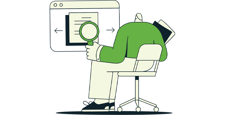 green icon graphic man sitting and searching computer screen