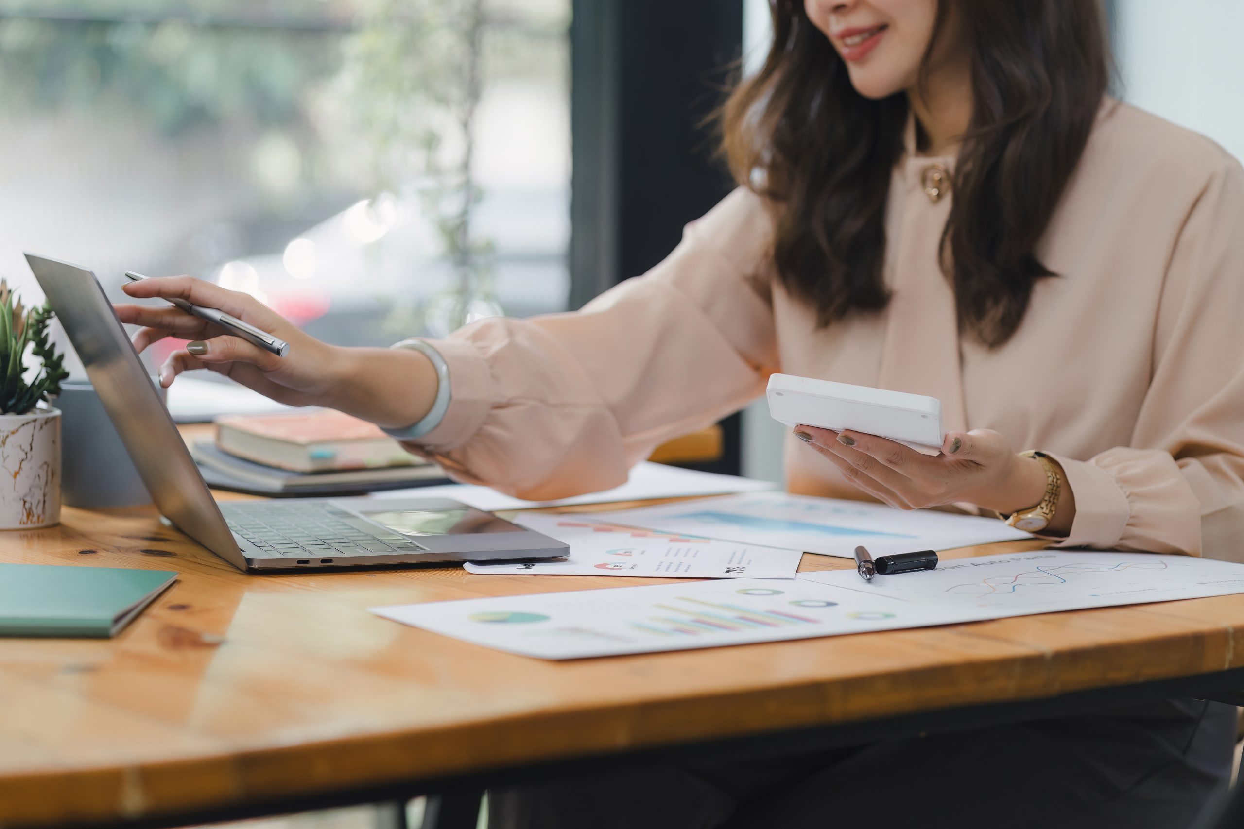 Accounting Plus Business Advisors Two business people or an accountant team are analyzing data charts, graphs, and a dashboard on a laptop screen in order to prepare a statistical report and discuss financial data in an office